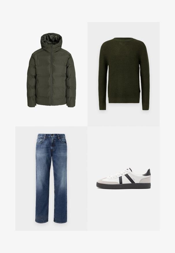 Olivově zelená prošívaná bunda s kapucí, která má přední zip, prošívaný design a elastické manžety. Hladká látka s izolací.; Olivově zelený pletený svetr s kulatým výstřihem, dlouhými rukávy a žebrovanými manžetami. Má texturovaný vzor a volný střih.; Pánské modré džínové kalhoty s rovnými nohavicemi, mírným vyblednutím, pěti kapsami a zapínáním na knoflík.; Bílé tenisky s černými a šedými akcenty, opatřené texturovaným šedým prstovým krytem, černou gumovou podrážkou a plochými bílými tkaničkami. Čistý design, minimalistický styl.