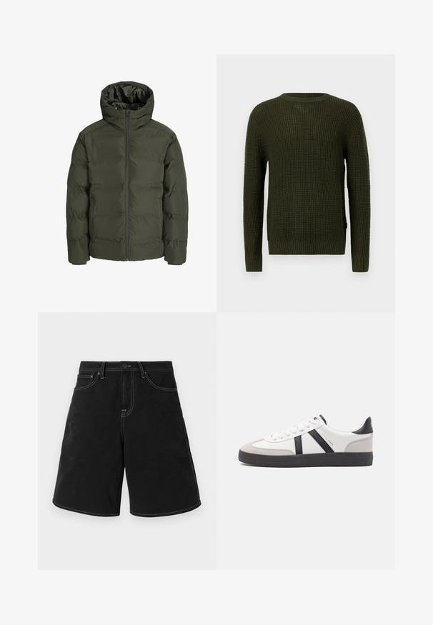 Olíva zöld puffertakaró kapucnival, elülső cipzárral, tűzött dizájnnal és gumis mandzsettákkal. Simára kidolgozott, szigetelő anyag.; Olívazöld kötött pulóver, kerek nyakkivágással, hosszú ujjal és bordázott mandzsettával. Textúrált mintával és laza szabással rendelkezik.; Fekete farmer rövidnadrág egyenes szabással, kontrasztos fehér varrással, elülső zsebekkel és gombos derékkal. Simás textúra.; Fehér sneaker fekete és szürke részletekkel, textúrált szürke orr résszel, fekete gumitalppal és lapos fehér fűzőkkel. Tiszta dizájn, minimalista stílus.