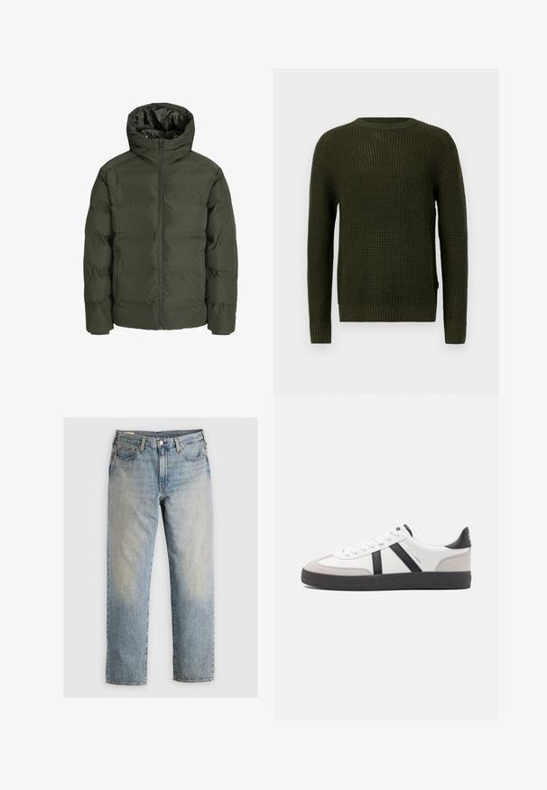 Olive roheline pusa jakkk, millel on kapuuts, esiküljel tõmblukk, vatitud disain ja elastsed mansetid. Sile kangas koos soojustusega.; Oliivroheline kootud sviiter ümmarguse kaeluse, pikkade varrukate ja soonikdetailidega. Omab tekstureeritud mustrit ja lõdva istuvust.; Heled sinised teksad otse jalgade disainiga, viie-tasku stiil ja nähtavad õmblused. Kulunud pesu ja messingist riistade detailid.; Valged tossud mustade ja hallide aktsentidega, tekstureeritud halli varbakattega, musta kummitald ja lamedad valged paelad. Puhtad jooned, minimalistlik stiil.