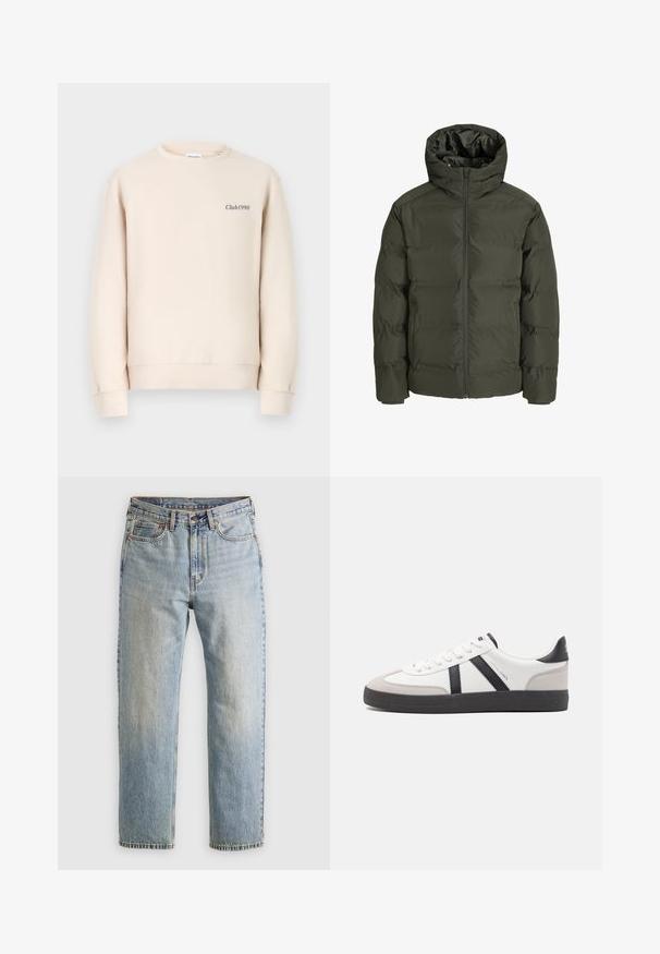 Olivenfarvet pufferjakke med hætte, der har en frontlynlås, kviltet design og elastiske manchetter. Glat stof med isolation.; Beige sweatshirt med rund halsudskæring, lange ærmer, ribbede manchetter og "Club1990" broderet på fronten i en mørk farve.; Lysblå denim jeans med høj talje, frontknap, lynlås og fem-lomme design, lagt fladt på en neutral baggrund.; Hvide sneakers med sorte og grå detaljer, med en tekstureret grå tåhætte, sort gummisål og flade hvide snørebånd. Rent design, minimalistisk stil.