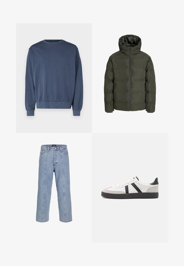 Giubbino imbottito verde oliva con cappuccio, dotato di zip frontale, design trapuntato e polsini elastici. Tessuto liscio con isolamento.; Felpa blu scuro in morbido tessuto, con collo a giro e maniche lunghe, e polsini e orlo a coste. Design semplice, senza motivi o grafiche.; Jeans in denim blu chiaro con una vestibilità ampia, gambe larghe e dettagli di cucitura visibili. Presenta una chiusura con bottone e zip, cinque tasche.; Sneaker bianco con accenti neri e grigi, dotata di una punta grigia testurizzata, suola in gomma nera e lacci bianchi piatti. Design pulito, stile minimalista.