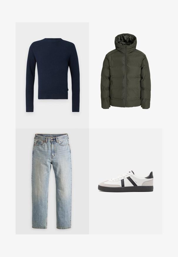 Olivgrüne Steppjacke mit Kapuze, ausgestattet mit einem Reißverschluss an der Front, gestepptem Design und elastischen Bündchen. Glatte Stoffoberfläche mit Isolierung.; Marineblaues gestricktes Sweatshirt mit strukturiertem Muster, langen Ärmeln, Rundhalsausschnitt sowie gerippten Bündchen und Saum. Mit einem dezenten Logo an der Seite.; Helle blaue Jeans mit hoher Taille, Frontknopf, Reißverschluss und fünf Taschen-Design, flach auf einem neutralen Hintergrund ausgelegt.; Weiße Sneaker mit schwarz- und grau-aczenten, ausgestattet mit einer strukturierten grauen Zehenkappe, schwarzer Gummi-Sohle und flachen weißen Schnürsenkeln. Sauberes Design, minimalistische Stil.
