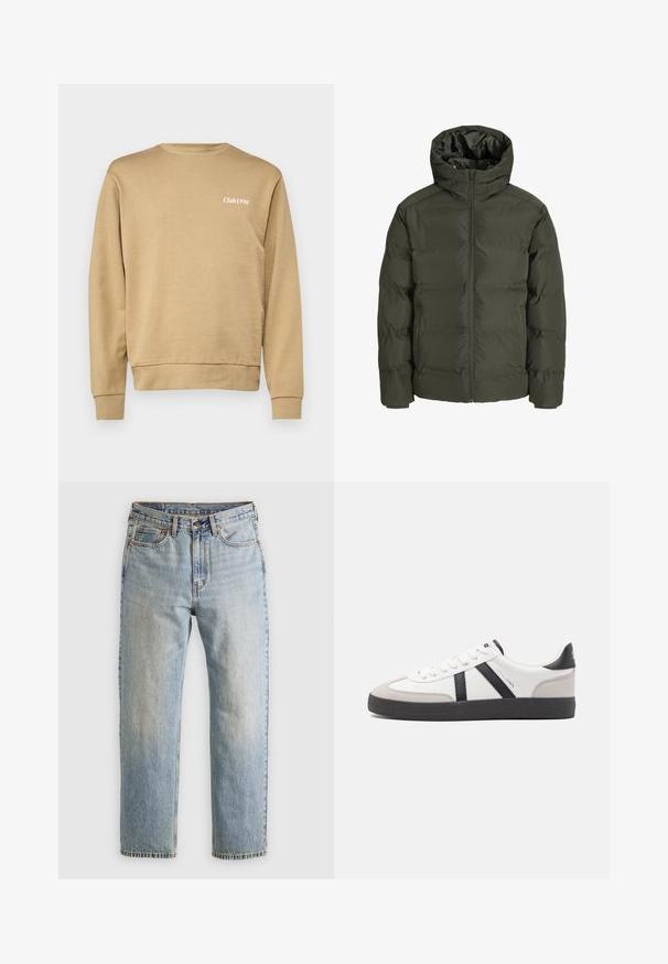 Olivenfarvet pufferjakke med hætte, der har en frontlynlås, kviltet design og elastiske manchetter. Glat stof med isolation.; Beige sweatshirts med ribbet rund hals og manchetter, med subtil "Club1990" tekst i hvid på venstre brystområde. Glat tekstur.; Lysblå denim jeans med høj talje, frontknap, lynlås og fem-lomme design, lagt fladt på en neutral baggrund.; Hvide sneakers med sorte og grå detaljer, med en tekstureret grå tåhætte, sort gummisål og flade hvide snørebånd. Rent design, minimalistisk stil.