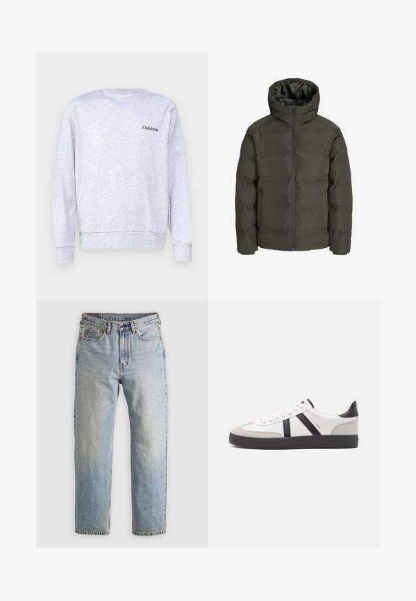 Olive zelena puhovka s kapuco, ki ima sprednji zadrgo, prešito zasnovo in elastične manšete. Gladek material z izolacijo.; Siva luksuzna majica iz mešanice bombaža, s krojem sa okruglim izrezom, na levom delu grudi se nalazi mali crni natpis "Club1990".; Svetlo modri džins hlače z visokim pasom, sprednjim gumbom, zadrgo in petimi žepi, laid flat na nevtralni podlagi.; Bela športna obutev z črnimi in sivo akcenti, z teksturirano sivo kapico za prste, črnim gumijastim podplatom in ravnimi belimi vezalkami. Čista zasnova, minimalistični slog.