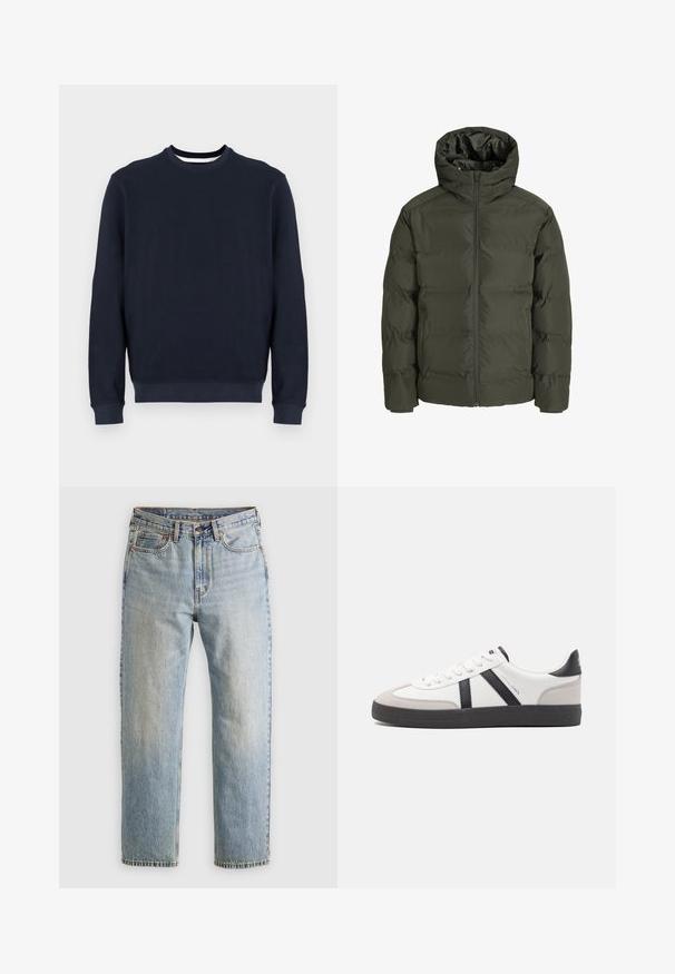 Olivengrønn dunjakke med hette, med glidelås foran, quiltet design og elastiske mansjetter. Glatt stoff med isolasjon.; Marineblå genser med rund hals laget av strikket stoff, med lange ermer og ribbestrikkede mansjetter og hem. Minimalistisk design uten mønstre eller grafikk.; Lys blå denim jeans med høy midje, frontknapp, glidelås og fem-lommers design, lagt flatt på en nøytral bakgrunn.; Hvite sneakers med svarte og grå detaljer, med en teksturert grå tåhette, svart gummisåle, og flate hvite lisser. Rent design, minimalistisk stil.