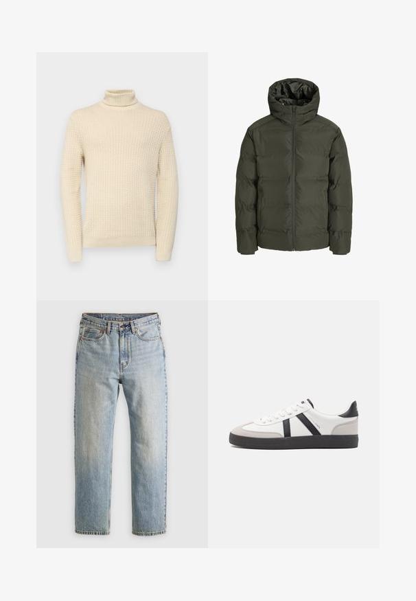 Maslinasto zelena puffer jakna s kapuljačom, koja ima prednji zatvarač, kviltani dizajn i elastične manžetne. Glatka tkanina s izolacijom.; Kremasti turtleneck pulover s teksturiranim pletenim uzorkom, s dugim rukavima i rebrastim manžetama i rubom.; Svijetloplave traperice visoki struk, prednji gumb, zatvarač i dizajn s pet džepova, položene ravno na neutralnoj pozadini.; Bijele tenisice s crnim i sivim detaljima, s teksturiranim sivim zaštitnikom prstiju, crnim gumene potplate i ravnim bijelim vezicama. Čist dizajn, minimalistički stil.