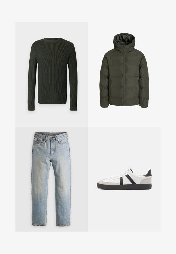 Maslinasto zelena puffer jakna s kapuljačom, koja ima prednji zatvarač, kviltani dizajn i elastične manžetne. Glatka tkanina s izolacijom.; Tamnozelena rebrasta dugih rukava majica s okruglim izrezom s blagim teksturiranim pletenim uzorkom na svijetloj pozadini.; Svijetloplave traperice visoki struk, prednji gumb, zatvarač i dizajn s pet džepova, položene ravno na neutralnoj pozadini.; Bijele tenisice s crnim i sivim detaljima, s teksturiranim sivim zaštitnikom prstiju, crnim gumene potplate i ravnim bijelim vezicama. Čist dizajn, minimalistički stil.