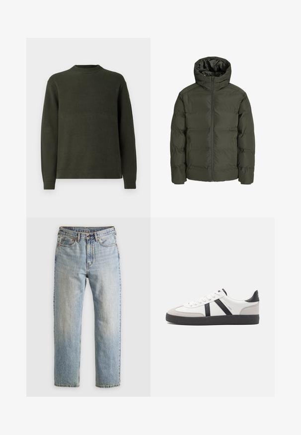 Oliwkowa kurtka puchowa z kapturem, z zamkiem błyskawicznym z przodu, pikowany design i elastyczne mankiety. Gładki materiał z ociepleniem.; Ciemnozielony, dzianinowy sweter z długim rękawem, z prążkowanym okrągłym dekoltem, mankietami i dolnym wykończeniem, zaprezentowany na białym tle.; Jasnoniebieskie dżinsy z wysokim stanem, z guzikiem z przodu, zamkiem błyskawicznym i pięcioma kieszeniami, ułożone na płasko na neutralnym tle.; Białe sneakersy z czarnymi i szarymi akcentami, z teksturowanym szarym czubkiem, czarną gumową podeszwą i płaskimi białymi sznurowadłami. Czysty design, minimalistyczny styl.
