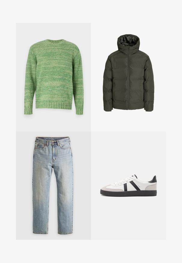 Olivgrüne Steppjacke mit Kapuze, ausgestattet mit einem Reißverschluss an der Front, gestepptem Design und elastischen Bündchen. Glatte Stoffoberfläche mit Isolierung.; Jack & Jones JORWINTER SPACE - Strickpullover - lima bean green; Helle blaue Jeans mit hoher Taille, Frontknopf, Reißverschluss und fünf Taschen-Design, flach auf einem neutralen Hintergrund ausgelegt.; Weiße Sneaker mit schwarz- und grau-aczenten, ausgestattet mit einer strukturierten grauen Zehenkappe, schwarzer Gummi-Sohle und flachen weißen Schnürsenkeln. Sauberes Design, minimalistische Stil.