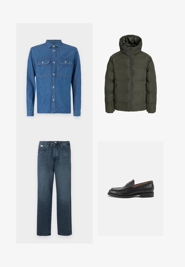 Olijfgroene pufferjack met een capuchon, voorzien van een rits aan de voorkant, een quilted ontwerp en elastische manchetten. Glad materiaal met isolatie.; Denim shirt in donkerblauw, met lange mouwen en knoopmanchetten, puntige kraag, twee borstzakken en een knoopsluiting aan de voorkant met gouden hardware.; Donkerblauwe denim jeans met een rechte pasvorm, vijf zakken, riemlussen en een ritsgulp. Glad textuur met subtiele vervagingdetails.; Zwarte leren loafers met een gladde afwerking, ronde neus en decoratieve stiksels op de wreef. Lage gestapelde hak en een lichte glans.