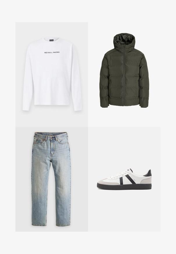 Olivgrön puffjacka med huva, med en främre dragkedja, quiltat mönster och elastiska manschetter. Slät tyg med isolering.; Vit långärmad t-shirt i bomull med "RED BULL RACING" tryckt i svart över bröstet. Rund halsdesign, avslappnad passform.; Ljusblå denimjeans med hög midja, framknäppning, dragkedja och femficksdesign, placerade platt på en neutral bakgrund.; Vit sneaker med svarta och grå accenter, med en strukturerad grå tådel, svart gummisul, och platta vita skosnören. Ren design, minimalistisk stil.