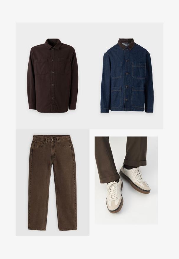 Donkerblauwe spijkerjack met een bruine corduroy kraag, voorzien van een knoopsluiting aan de voorkant en vier zakken. Verstevigde stiksels zichtbaar.; Bruin en crèmekleurig gestreept langärmige top met een ronde halslijn, geribbelde textuur en verlaagde schoudernaden, met een cropped snit.; Donkerbruine overhemdjacket van zachte stof, met twee voorzakken, een knoopsluiting en een klassiek kraagontwerp.; Bruine denim jeans met een rechte pasvorm, vijf zakken, sluiting met een voorste knoop en minimale stikdetails. Zachte textuur met een matte afwerking.; Beige sneakers met een leren voorkant van textuur-suède, gladde leren zijkanten en een bruine rubberen zool. Veters en lichte stikseldetails inbegrepen.
