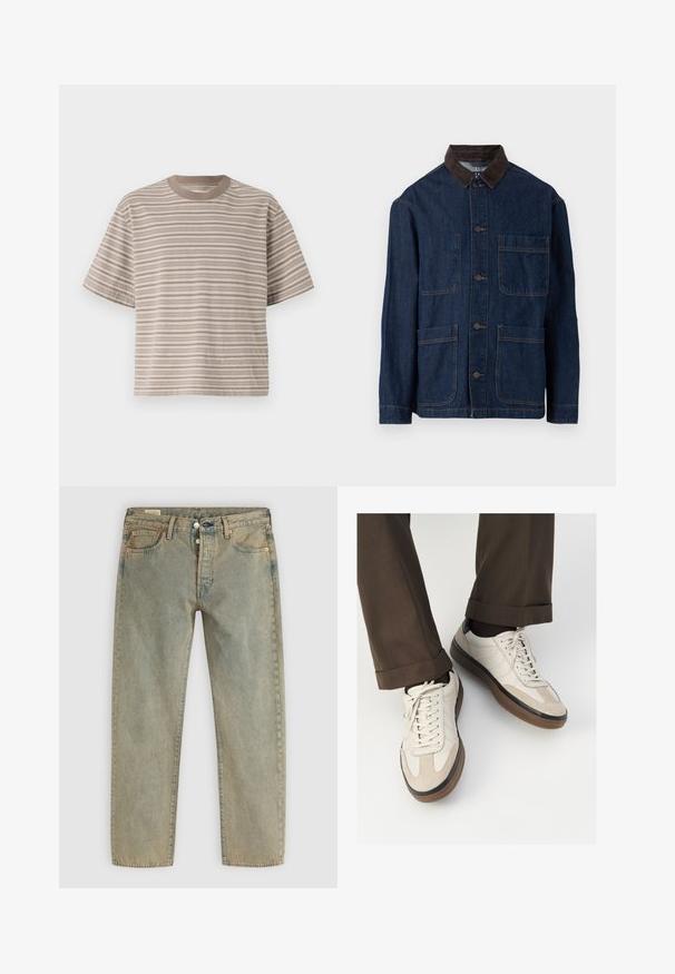 Denimjakke i mørkeblå med en krave af brunt fløjl, med knaplukning foran og fire lommer. Forstærkede syninger synlige.; Brun og creme stribet langærmet top med en rund halsudskæring, ribbet tekstur og sænkede skuldersømme, der har en cropped pasform.; Stribet kortærmet T-shirt i beige nuancer, rund halsudskæring, blødt stof, afslappet pasform, med vekslende lyse og mørke vandrette striber.; Lysvaskede lige ben jeans med frontknaplukning, fem lommer, bæltestropper og kobbernitter.; Beige sneakers med en struktureret ruskind front, glatte lædersider og en brun gummisål. Snørebånd og let stikning er inkluderet.
