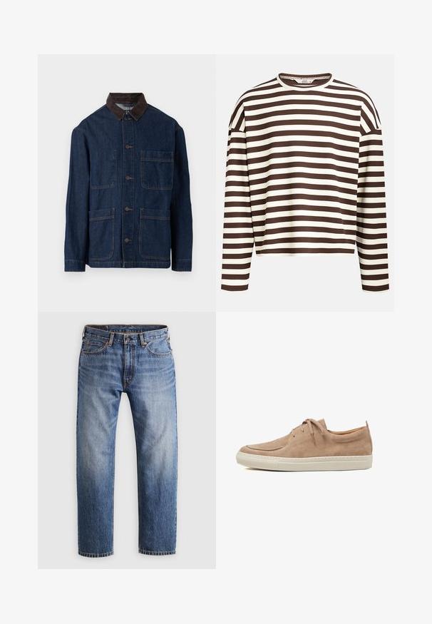 Jasna dżinsowa kurtka w ciemnoniebieskim kolorze z brązowym kołnierzem z sztruksu, z zapięciem na guziki z przodu i czterema kieszeniami. Widoczne wzmocnione szwy.; Brązowo-kremowy, paskowany, longsleeve z okrągłym dekoltem, prążkowaną strukturą i obniżonymi szwami na ramionach, z krótkim krojem.; Proste niebieskie dżinsy z zamkiem i guzikiem, pięcioma kieszeniami oraz pomarańczowymi szwami na jasnoszarym tle.; Beżowe zamszowe sneakersy z zaokrąglonym noskiem, sznurowane, z białą gumową podeszwą, delikatnym przeszyciem i logo na pięcie.