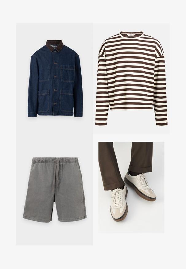Jachetă din denim de culoare albastru închis, cu guler din catifea maro, având închidere cu butoane în față și patru buzunare. Cusături întărite vizibile.; Top cu dungi maro și crem, cu mâneci lungi, guler rotund, textură cu nervuri și cusături la umeri căzute, având o croială scurtă.; Shorts din bumbac gri, cu un cordon elastic la talie, croi drept și buzunare laterale. Textură netedă și design casual.; Adidași bej cu un vârf din suede texturat, laterale din piele netedă și o talpă din cauciuc maro. Șireturile și detalii de cusătură subtilă incluse.