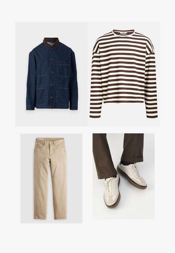 Casaco de ganga em azul-escuro com um colarinho de veludo cotelê castanho, apresentando fechamento frontal por botões e quatro bolsos. Costura reforçada visível.; Top de manga longa listrado em castanho e creme, com um decote redondo, textura canelada e costuras de ombro caídas, apresentando um corte cropped.; Jeans de ganga bege com corte reto, apresentando cinco bolsos, fecho frontal com botão e detalhes de costura subtis. Textura suave, design casual.; Tênis bege com frente em camurça texturizada, lados em couro liso e sola em borracha marrom. Inclui cadarços e detalhes de costura clara.