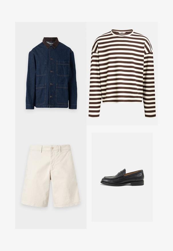 Veste en denim bleu foncé avec un col en velours côtelé marron, dotée d'une fermeture à boutons à l'avant et de quatre poches. Coutures renforcées visibles.; Haut à manches longues rayé marron et crème avec un col rond, texture côtelée et coutures d'épaule abaissées, présentant une coupe cropped.; Shorts en coton beige avec une coupe droite, fermeture à un bouton, passants de ceinture et poches latérales. Texture lisse, design uni sans motifs.; Mocassins en cuir noir avec une finition lisse, bout rond et coutures décoratives sur la tige. Talon bas empilé et léger brillant.