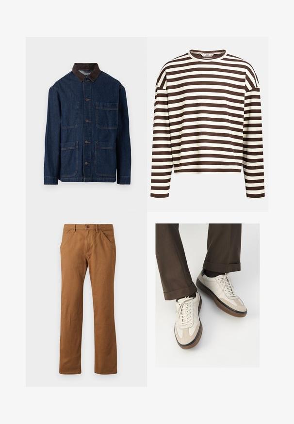 Jeans jakna v temno modri barvi s svetlo rjavim kordovim ovratnikom, z gumbnim zapiranjem spredaj in štirimi žepi. Vidna ojačana šivanje.; Dolga majica z dolgimi rokavi v rjavih in smetanastih črtah, z zaobljenim izrezom, rebrasto teksturo in spuščeni šivi na ramenih, z izbrazdanim krojem.; Rjave bombažne hlače s ravnim krojem, opremljene z gumbom, stranskimi žepi in gladko teksturo. Primerne za vsakodnevno nošenje.; Bež teniske z teksturiranim prednjim delom iz usnja, gladkimi kožnimi stranicami in rjavo gumijasto podplatom. Vključene vezalke in svetla šivana detajla.
