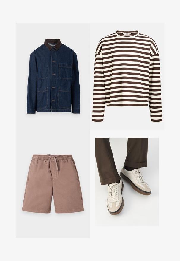 Džínová bunda tmavě modré barvy s hnědým kordovým límcem, se zapínáním na knoflíky vpředu a čtyřmi kapsami. Viditelné zesílené švy.; Hnědo-krémový pruhovaný dlouhý rukáv top s kulatým výstřihem, žebrovanou strukturou a spadlými švy rukávů, s cropped střihem.; Světle hnědé šortky vyrobené z měkké látky s elastickým pasem a šňůrkou na stažení. Obsahují boční kapsy a mají uvolněný střih.; Béžové tenisky s texturovanou semišovou špičkou, hladkými koženými boky a hnědou gumovou podrážkou. Na šněrování a lehkém prošití je detail.