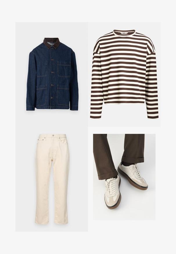 Denim jacket in dark blue with a brown corduroy collar, featuring front button closure and four pockets. Reinforced stitching visible.; Brown and cream striped long-sleeve top with a rounded neckline, ribbed texture, and dropped shoulder seams, featuring a cropped cut.; Beige cotton pants with a straight-leg design. Features a zip fly, five pockets, and subtle stitching details. Textured fabric surface.; Beige sneakers with a textured suede front, smooth leather sides, and a brown rubber sole. Laces and light stitching detail included.