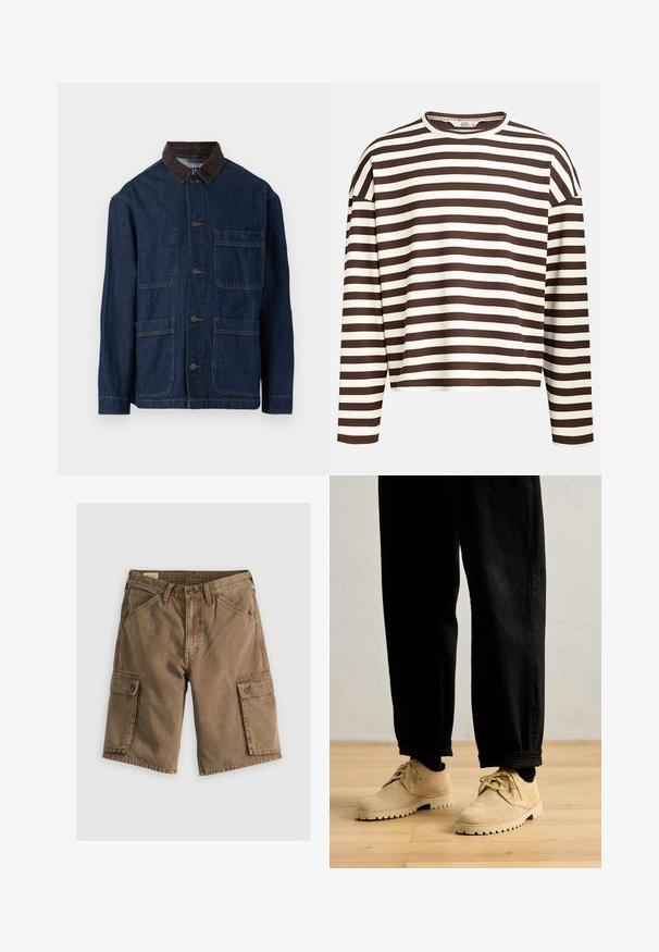Donkerblauwe spijkerjack met een bruine corduroy kraag, voorzien van een knoopsluiting aan de voorkant en vier zakken. Verstevigde stiksels zichtbaar.; Bruin en crèmekleurig gestreept langärmige top met een ronde halslijn, geribbelde textuur en verlaagde schoudernaden, met een cropped snit.; Bruine cargo shorts gemaakt van katoen, met twee zijzakken met kleppen, een knoopsluiting in de taille en een ontspannen pasvorm. Soepele textuur.; Clarks Originals DESERT ROCK LO - Sportieve veterschoenen - maple