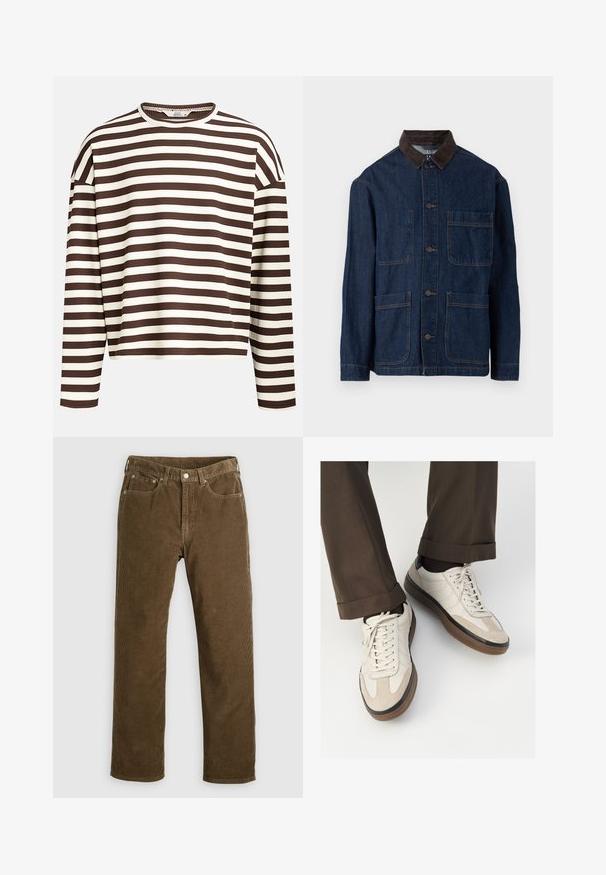 Jasna dżinsowa kurtka w ciemnoniebieskim kolorze z brązowym kołnierzem z sztruksu, z zapięciem na guziki z przodu i czterema kieszeniami. Widoczne wzmocnione szwy.; Brązowo-kremowy, paskowany, longsleeve z okrągłym dekoltem, prążkowaną strukturą i obniżonymi szwami na ramionach, z krótkim krojem.; Brązowe spodnie kordurowe o prostym kroju z zapięciem na guziki i zamek błyskawiczny, szlufkami na pasek i pięcioma kieszeniami na jednolitym tle.; Beżowe sneakersy z teksturowanym zamszowym przodem, gładkimi skórzanymi bokami i brązową gumową podeszwą. Zawierają sznurówki oraz subtelne detale w dwóch kolorach.