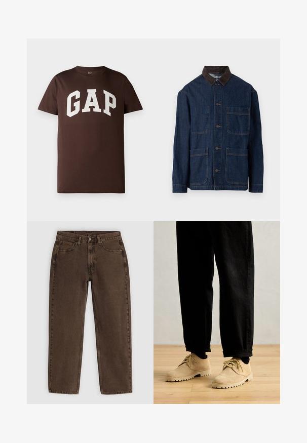 Tummansininen farkkutakki, jossa on ruskea samettikaulus, etupuolella nappikiinnitys ja neljä taskua. Vahvistetut saumat näkyvissä.; Ruskea puuvillapaita, jossa on valkoinen "GAP"-logo rohkealla yliopistotyylisellä fontilla. Lyhyet hihat ja pyöreä kaula-aukko. Sujuva pinta.; Ruskohvendynien farkut, joissa on suora leikkaus, viisi taskua, edessä nappikiinnitys ja minimaalinen ompelu. Pehmeä tekstiili, jossa on matta pinta.; Clarks Originals DESERT ROCK LO - Rennot nauhakengät - maple