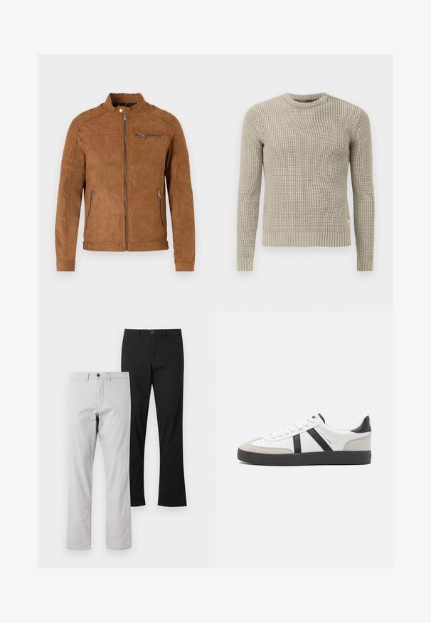 Hnedá semišová bunda so stojacím golierom, predným zipsom, dvoma bočnými vreckami a jedným zipsovým vreckom na hrudi. Hladká textúra, minimalistický dizajn.; Béžový pletený sveter s dlhými rukávmi, rebrovanými manžetami a spodným lemom, okrúhlym výstrihom, štruktúrovaným vzorom, vyrobený z mäkkého materiálu.; Dva páry nohavíc s rovným strihom: jedny vo svetlosivej farbe s hnedým gombíkom a druhé v jednoliatej čiernej farbe. Obe majú hladkú bavlnenú textúru.; Biele tenisky s čiernymi a šedými akcentmi, s textúrovanou šedou špičkou, čiernou gumovou podrážkou a plochými bielymi šnúrkami. Čistý dizajn, minimalistický štýl.