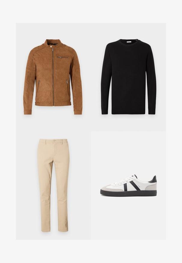 Giacca scamosciata beige con colletto rialzato, chiusura con zip frontale, due tasche laterali e una tasca sul petto con zip. Texture liscia, design minimalista.; Maglione nero a collo rotondo, maniche lunghe, tessuto lavorato a maglia, polsini e orlo a coste, design minimalista, texture liscia, senza motivi visibili.; Pantaloni in cotone beige con vestibilità classica, chiusura con zip e bottone, passanti per cintura e orli puliti. Nessun motivo o dettaglio visibile.; Sneaker bianco con accenti neri e grigi, dotata di una punta grigia testurizzata, suola in gomma nera e lacci bianchi piatti. Design pulito, stile minimalista.