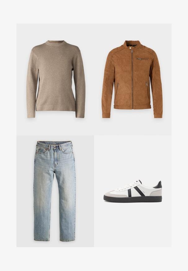 Jachetă din suede bej, cu guler tip stand, închidere frontală cu fermoar, două buzunare laterale și un buzunar pe piept cu fermoar. Textură netedă, design minimalist.; Pulover bej cu guler rotund, mâneci lungi, manșete cu stil rib și un material moale, texturat. Are un design simplu și o croială relaxată.; Jeans din denim de culoare albastru deschis, cu talie înaltă, nasture frontal, fermoar și design cu cinci buzunare, așezate platesc pe un fundal neutru.; Sneaker alb cu accente negre și gri, având un capac de vârf gri texturat, talpă din cauciuc negru și șireturi plate albe. Design elegant, stil minimalist.