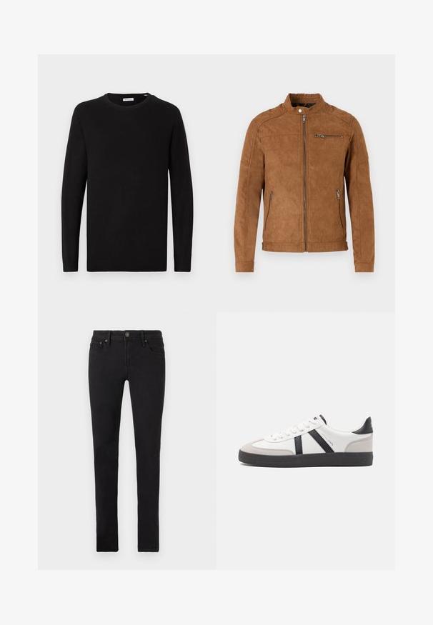 Světlá semišová bunda s stojáčkem, předním zipem, dvěma bočními kapsami a jednou kapsou na zip na hrudi. Hladká textura, minimalistický design.; Černý svetr s crew neck výstřihem, dlouhými rukávy, pletenou tkaninou, ribovanými manžetami a lemem, minimalistický design, hladká textura, bez viditelných vzorů.; Černé slim-fit džíny s pěti kapsami, zapínáním na knoflík a poutky na opasek, vystavené na bílém pozadí.; Bílé tenisky s černými a šedými akcenty, opatřené texturovaným šedým prstovým krytem, černou gumovou podrážkou a plochými bílými tkaničkami. Čistý design, minimalistický styl.