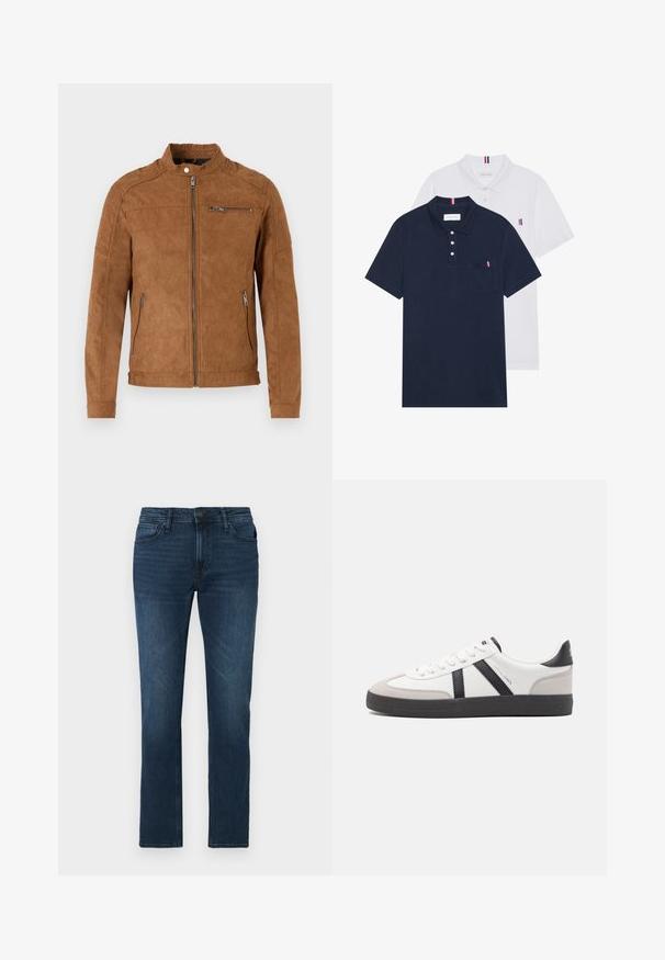 Tkanina izsušena jakna v bež barvi z odprtim ovratnikom, sprednjim zadrgo, dvema stranskima žepoma in enim žepom na prsih z zadrgo. Gladka tekstura, minimalističen dizajn.; Dve polo majice: ena mornarsko modra in ena bela, obe z majhnim rdečim, belim in modrim poudarjanjem na žepu in ovratniku.; Temno modri traper hlače s ravnim krojem, opremljene z gumbom in zadrgo, petimi žepi ter diskretnim zbledelostjo v tkanini.; Bela športna obutev z črnimi in sivo akcenti, z teksturirano sivo kapico za prste, črnim gumijastim podplatom in ravnimi belimi vezalkami. Čista zasnova, minimalistični slog.