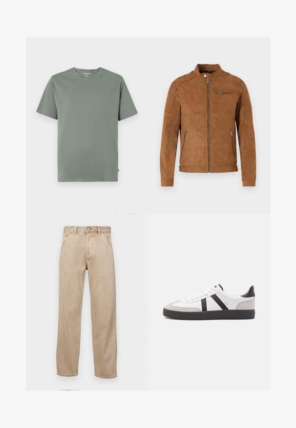 Jasnobrązowa zamszowa kurtka z kołnierzem stojącym, z przodu na zamek, dwoma bocznymi kieszeniami i jedną kieszenią na zamek na klatce piersiowej. Gładka faktura, minimalistyczny design.; Koszulka z krótkim rękawem w jasnym zielonym kolorze, uszyta z miękkiego materiału, z okrągłym dekoltem i obszytymi brzegami, bez widocznych wzorów lub motywów.; Beżowe dżinsy o prostym kroju, z przednimi kieszeniami, metalowym zapięciem na guzik i delikatną teksturą.; Białe sneakersy z czarnymi i szarymi akcentami, z teksturowanym szarym czubkiem, czarną gumową podeszwą i płaskimi białymi sznurowadłami. Czysty design, minimalistyczny styl.