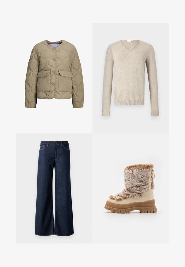 Šviesiai rudos spalvos siuvinėta striukė su apvaliu iškirpimu, priekiniais mygtukais ir dviem kišenėmis. Pasižymi pūkuota tekstūra ir laisvu siluetu.; Smėlinis V formos megztinis, pagamintas iš minkštos medžiagos, su ilgomis rankovėmis ir raukiniais ant rankovių. Paprastas dizainas be raštų ar puošmenų.; Plati kojinės džinsai tamsiai mėlynos džinsinės medžiagos. Yra kontrastingas siuvimo ornamentas, penkios kišenės ir užsegimas mygtuku juosmenyje. Lygus paviršius.; Šviesiai smėliniai aulinukai iki kulkšnies su minkštu sintetine pūkine viršutine dalimi ir tekstūruota guminėmis padangomis. Jiems būdingas masyvus dizainas ir šoninė raištelių detalė.