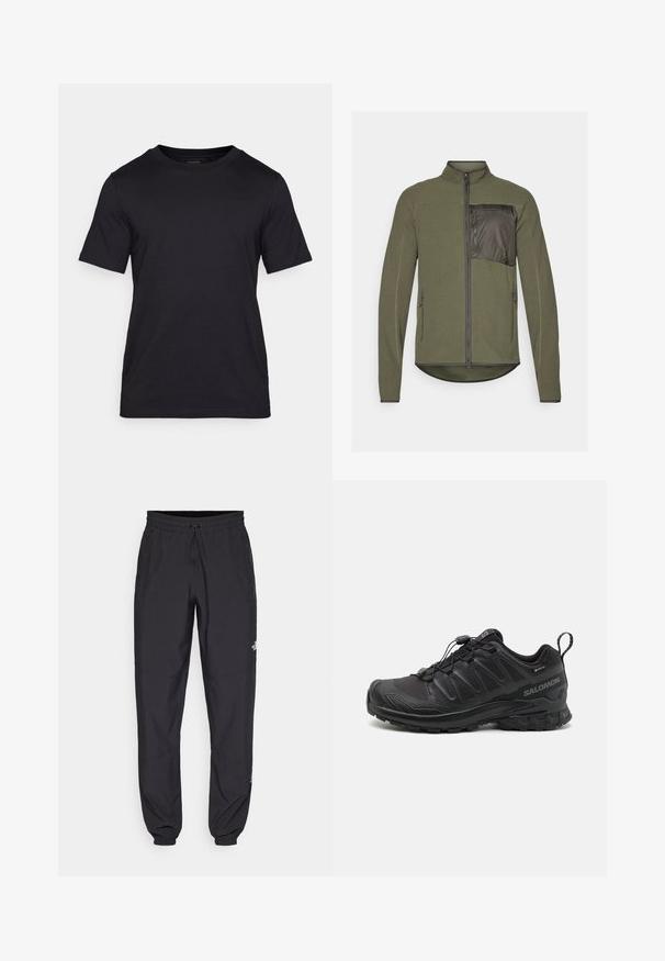 Fleecejakke i olivengrøn med en struktureret tekstur, lynlås foran og en kontrastfarvet stoflomme på venstre bryst. To sidelommer med lynlås.; Sort T-shirt lavet af glat stof, med rund halsudskæring og korte ærmer. Diskret branding trykt i sort på brystet.; Sorte atletiske bukser lavet af letvægtsstof, med en snor i taljen, sidelommer og tapered manchetter ved anklerne.; Sort atletik sko med en struktureret syntetisk overdel, polstret sål og et hurtiglukkesystem. Har forstærket tå og hæl.