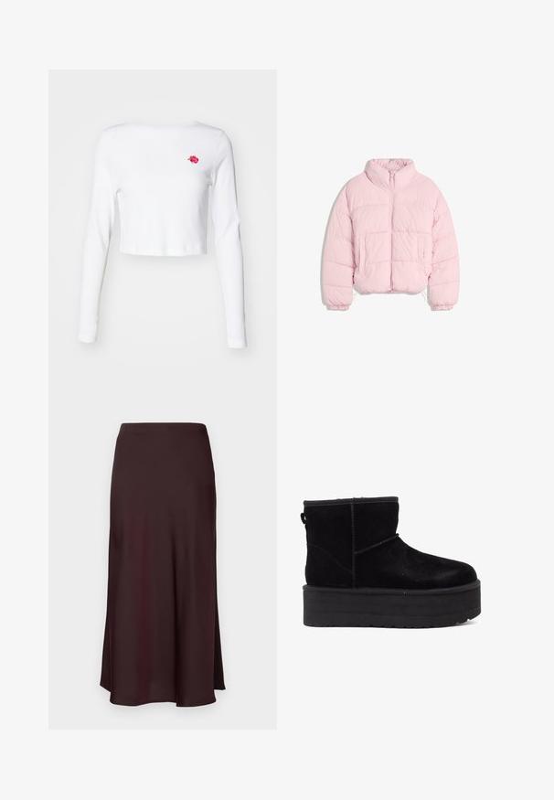 Világos rózsaszín puffadt kabát magas gallérral, elülső cipzárral, elasztikus mandzsettákkal és két elülső zsebbel fehér háttér előtt.; Fehér crop hosszú ujjú felső puha anyagból, bal mellen egy kis rózsaszín rózsa hímzéssel. Egyszerű design, minta nélkül.; Burgundi selyem midi szoknya sima textúrával, egyenes szabással és enyhén bővülő szegéllyel. Nincsenek látható minták vagy fém részletek.; Fekete velúr bokacsizmák vastag platform talppal és puha béléssel. A könnyű felhúzást segítő varrásos díszítéssel és hátsó húzófüllel készültek.