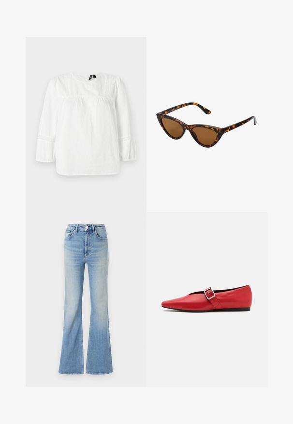 Pufferjack in donkergroen, met een capuchon, een ritssluiting aan de voorkant en een gequilt textuur met horizontale baffles. Gladde matte afwerking.; Grijze, korte trui gemaakt van textiel met een structuur. Heeft een hoge halslijn en twee voorzakken met een ontspannen pasvorm. Lange mouwen.; Witte blouse met lange mouwen van gestructureerd katoen, met opgestoken mouwen, kantaccenten langs de schouders en manchetten, en een ronde halslijn.; Lichtblauwe flared jeans van denim, met een hoge taille, vijf zakken en een subtiele gradient vervaging naar de zoom toe.; Rode leren platte schoen met een spitse neus, voorzien van een zijkant band met een metalen gesp en een lage zwarte hak. Gladde textuur overal.; Cat-eye zonnebril met een zwart en oranje schildpadframe, bruine lenzen en slanke, puntige uiteinden. Bevat een minimalistisch logo op de poot.