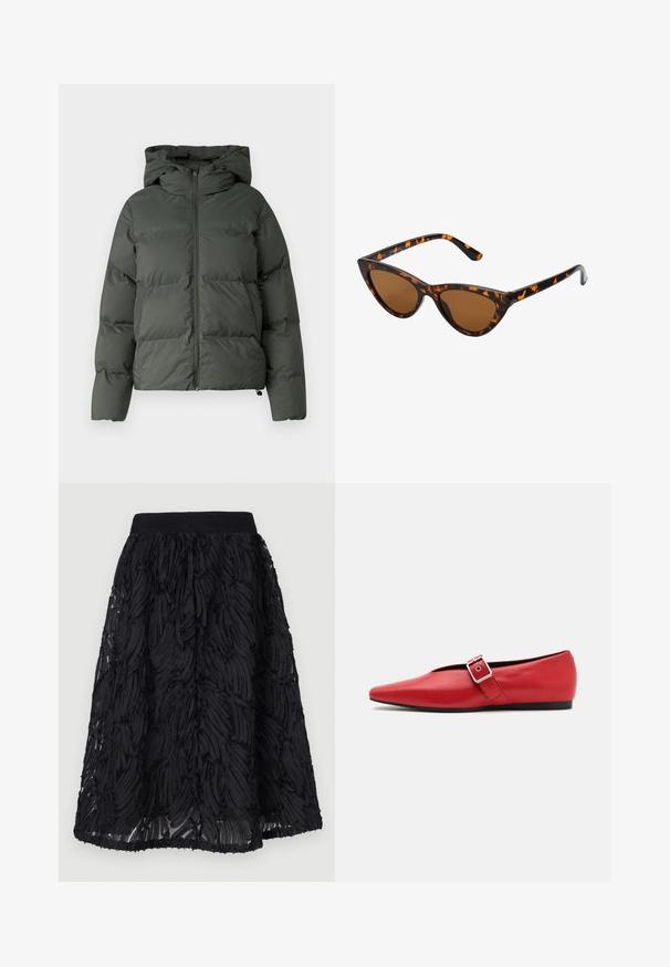 Doudoune verte foncée, dotée d'une capuche, d'une fermeture éclair à l'avant et d'une texture matelassée avec des boudins horizontaux. Fini lisse et mat.; Pull gris, court, fabriqué en tissu texturé. Présente un col montant et deux poches avant avec une coupe décontractée. Manches longues.; Jupe noire avec un design texturé et des motifs ondulés superposés. Le tissu semble léger avec une taille froncée et un ourlet fluide.; Ballerine en cuir rouge avec une pointe pointue, comportant une lanière sur le côté avec une boucle en métal et un petit talon noir. Texture lisse sur l'ensemble.; Lunettes de soleil style œil de chat avec une monture en écaille de tortue noire et orange, verres marron et pointes effilées et élégantes. Présente un logo minimaliste sur la branche.