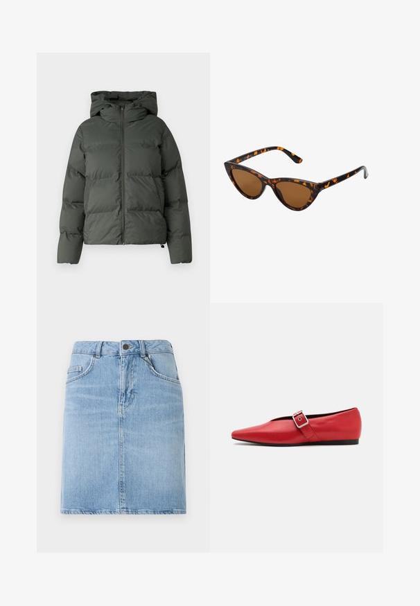 En mörkgrön pufferjacka med huva, dragkedja fram och kviltad struktur med horisontella bafflar. Slät matt yta.; Grå, kortad tröja i strukturerad tyg. Har en hög krage och två framfickor med en avslappnad passform. Långa ärmar.; Ljusblå denimkjol med rak skärning, har framfickor och knäppning med knappar. Texturerad yta med minimal blekning.; Röd läderballerinasko med spetsig tå, försedd med en sidrem med en metalldolk och en låg svart klack. Slät textur genom hela skon.; Kattögon-solglasögon med en ram i svart och orange sköldpaddsmönster, bruna linser och smala, spetsiga tips. Har en minimalistisk logotyp på bågen.