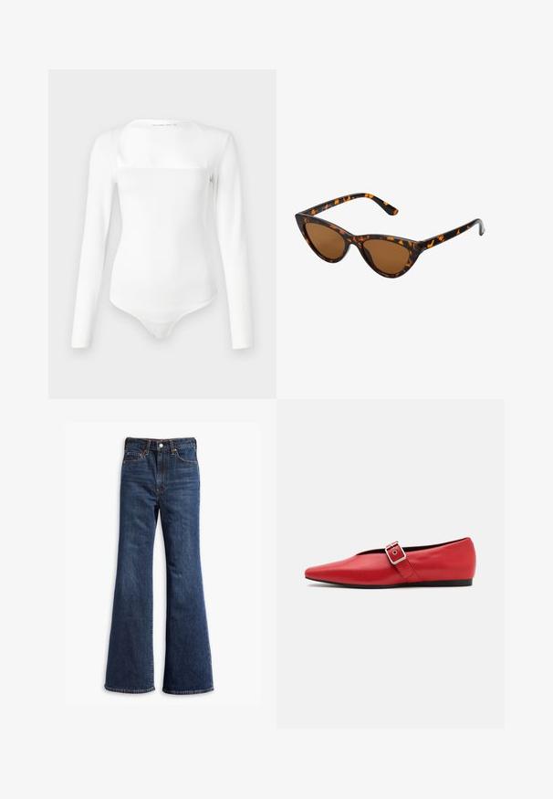 Giubbotto imbottito di colore verde scuro, con cappuccio, chiusura zip frontale e texture trapuntata con baffi orizzontali. Finitura opaca liscia.; Maglione grigio a taglio corto realizzato in tessuto testurizzato. Presenta un collo alto e due tasche anteriori con una vestibilità rilassata. Maniche lunghe.; Body bianco a maniche lunghe con scollo quadrato, realizzato in un materiale liscio. Presenta una silhouette aderente e una chiusura a pressione sul fondo.; Jeans in denim blu scuro a vita alta con gamba a zampa d'elefante, chiusura frontale con bottone e zip, e design a cinque tasche.; Scarpa piatta in pelle rossa con punta affusolata, dotata di un cinturino laterale con fibbia in metallo e un tacco basso nero. Texture liscia su tutta la superficie.; Occhiali da sole cat-eye con una montatura tartarugata nera e arancione, lenti marroni e punte affusolate e eleganti. Presentano un logo minimale sulla asta.