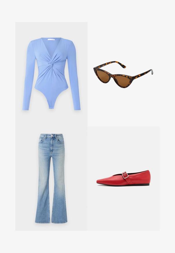 Tamsiai žalia pūkinė striukė, su gaubtu, užtrauktuku priekyje ir siuvinėtu paviršiumi su horizontaliais pūslėmis. Lygaus matinio paviršiaus.; Pilkos spalvos, trumpas megztinis, pagamintas iš tekstūruotos medžiagos. Turi aukštą apykaklę ir dvi priekinės kišenes bei laisvą siluetą. Ilgos rankovės.; Ilgų rankovių bodis šviesiai mėlynos spalvos, su V formos iškirpte ir sukurtu priekiniu dekoru. Audinys atrodo lygus ir tamprus, su thong kirpimu.; Šviesiai mėlyni plačios kojų džinsai, pagaminti iš džinsinio audinio, su aukštu liemeniu, penkių kišenių dizainu ir subtiliu gradientiniu blukimu link apačios.; Raudoni odiniai butai su smailiu pirštu, turintys šoninius dirželius su metaline sagtimi ir žemu juodu kulnu. Glotni tekstūra visame paviršiuje.; Katės akies saulės akiniai su juodu ir oranžiniu šarvuotu rėmeliu, ruda objektyvu ir elegantiškais, smailiais galiukais. Rėmelyje yra minimalus logotipas ant šventės.