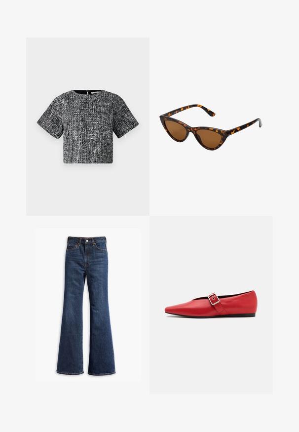 Pufferjack in donkergroen, met een capuchon, een ritssluiting aan de voorkant en een gequilt textuur met horizontale baffles. Gladde matte afwerking.; Grijze, korte trui gemaakt van textiel met een structuur. Heeft een hoge halslijn en twee voorzakken met een ontspannen pasvorm. Lange mouwen.; Korte mouw cropped top in zwart-wit textuurstof. Heeft een ronde halslijn en een verborgen ritssluiting aan de achterkant.; Hogegarende donkerblauwe denim jeans met flared pijpen, sluiting met een knoop en rits aan de voorkant, en ontwerp met vijf zakken.; Rode leren platte schoen met een spitse neus, voorzien van een zijkant band met een metalen gesp en een lage zwarte hak. Gladde textuur overal.; Cat-eye zonnebril met een zwart en oranje schildpadframe, bruine lenzen en slanke, puntige uiteinden. Bevat een minimalistisch logo op de poot.