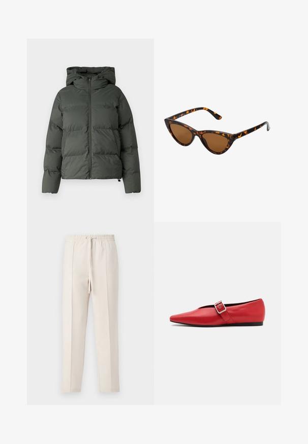 Doudoune verte foncée, dotée d'une capuche, d'une fermeture éclair à l'avant et d'une texture matelassée avec des boudins horizontaux. Fini lisse et mat.; Pull gris, court, fabriqué en tissu texturé. Présente un col montant et deux poches avant avec une coupe décontractée. Manches longues.; Pantalons de jogging beiges avec une taille élastique et un cordon de serrage, présentant une texture lisse et deux plis à l'avant pour une apparence soignée.; Ballerine en cuir rouge avec une pointe pointue, comportant une lanière sur le côté avec une boucle en métal et un petit talon noir. Texture lisse sur l'ensemble.; Lunettes de soleil style œil de chat avec une monture en écaille de tortue noire et orange, verres marron et pointes effilées et élégantes. Présente un logo minimaliste sur la branche.