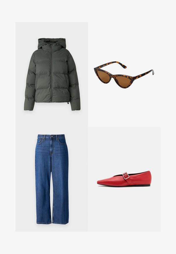 Doudoune verte foncée, dotée d'une capuche, d'une fermeture éclair à l'avant et d'une texture matelassée avec des boudins horizontaux. Fini lisse et mat.; Pull gris, court, fabriqué en tissu texturé. Présente un col montant et deux poches avant avec une coupe décontractée. Manches longues.; Jean large en denim bleu foncé, avec une taille haute, un design à cinq poches, une fermeture à bouton et des coutures visibles.; Ballerine en cuir rouge avec une pointe pointue, comportant une lanière sur le côté avec une boucle en métal et un petit talon noir. Texture lisse sur l'ensemble.; Lunettes de soleil style œil de chat avec une monture en écaille de tortue noire et orange, verres marron et pointes effilées et élégantes. Présente un logo minimaliste sur la branche.