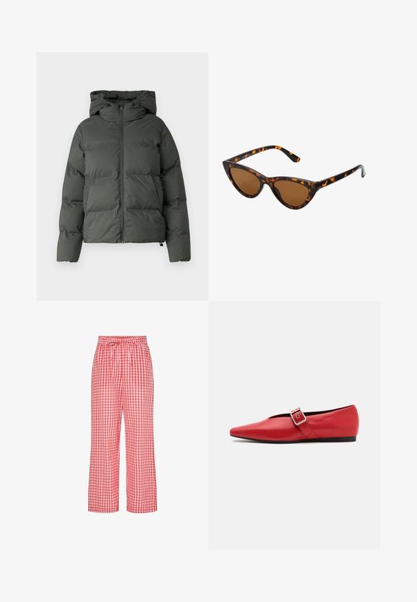 Tumši zaļš pūkains jaka ar kapuci, ar rāvējslēdzēju priekšā, un izšūtu tekstūru ar horizontālām daļām. Gluda matēta apdare.; Pelēks, īsais džemperis, izgatavots no teksturēta auduma. Tam ir augsts apkakles izgriezums un divas priekšējās kabatas ar brīvu piegriezumu. Garas piedurknes.; Sarkana un baltā kvadrātveida tekstila bikses ar brīvu piegriezumu, elastīgu jostu un saistāmo auklu. Audumam ir gluda tekstūra un rūtainā raksts.; Sarkanais ādas plakanās kurpes ar smailu purngalu, ar sānu siksnu un metāla sprādzi, kā arī zemu melnu papēdi. Visa virsma ir gluda.; Kaķa acs saulesbrilles ar melnu un oranžu bruņurupuču rakstu rāmi, brūnām lēcām un elegantiem, norādītiem galiem. Rāmī ir minimālists logos uz tempļa.