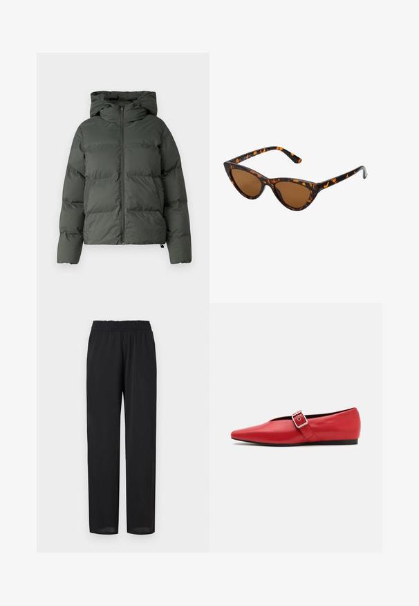 Tamsiai žalia pūkinė striukė, su gaubtu, užtrauktuku priekyje ir siuvinėtu paviršiumi su horizontaliais pūslėmis. Lygaus matinio paviršiaus.; Pilkos spalvos, trumpas megztinis, pagamintas iš tekstūruotos medžiagos. Turi aukštą apykaklę ir dvi priekinės kišenes bei laisvą siluetą. Ilgos rankovės.; Juodos, lengvos kelnės su laisvu siluetu, turinčios elastinę juosmenį ir lygią tekstūrą. Tiesios kojinės šiek tiek siaurėja ties apatine dalimi.; Raudoni odiniai butai su smailiu pirštu, turintys šoninius dirželius su metaline sagtimi ir žemu juodu kulnu. Glotni tekstūra visame paviršiuje.; Katės akies saulės akiniai su juodu ir oranžiniu šarvuotu rėmeliu, ruda objektyvu ir elegantiškais, smailiais galiukais. Rėmelyje yra minimalus logotipas ant šventės.