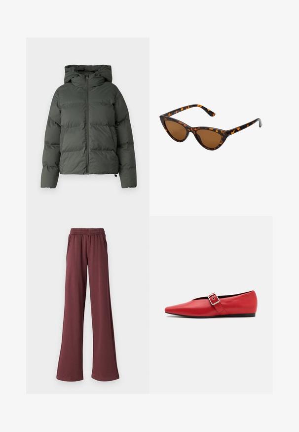 Puhasta jakna temno zelene barve, ki ima kapuco, zadrgo spredaj in quiltnato teksturo z vodoravnimi prešite. Gladek mat videz.; Sivkasta, skrajšano pulover iz teksturirane tkanine. Ima visok ovratnik in dve sprednji žepi, sproščen kroj. Dolgi rokavi.; JJXX JXALLY REG WIDE PANTS - Spodnji deli trenirk - sassafras; Rdeče usnjene balerinke s koničastim nosom, z bočnim trakom z kovinsko sponko in nizko črno peto. Gladka tekstura po celotni površini.; Mačje oči sončna očala z okvirom v črno-oranžni želvej ohišji, rjavimi lečami in elegantnimi, ostrimi konicami. Imajo minimalistični logo na ročaju.