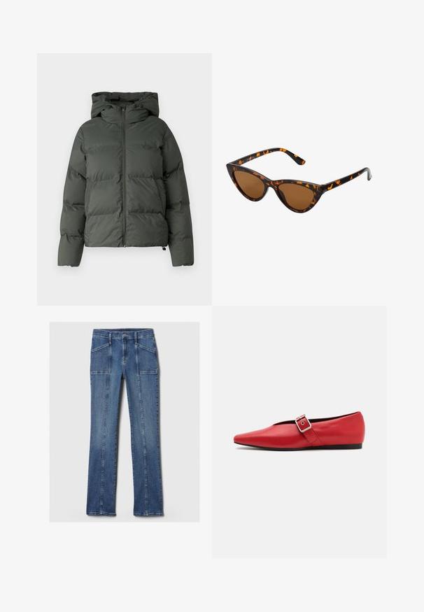 Puhasta jakna temno zelene barve, ki ima kapuco, zadrgo spredaj in quiltnato teksturo z vodoravnimi prešite. Gladek mat videz.; Sivkasta, skrajšano pulover iz teksturirane tkanine. Ima visok ovratnik in dve sprednji žepi, sproščen kroj. Dolgi rokavi.; Svetlo modri trenski jeansi s ravnim krojem, sprednjimi žepi, subtilnimi šivi in klasičnim pasom. Umazan videz na tkanini.; Rdeče usnjene balerinke s koničastim nosom, z bočnim trakom z kovinsko sponko in nizko črno peto. Gladka tekstura po celotni površini.; Mačje oči sončna očala z okvirom v črno-oranžni želvej ohišji, rjavimi lečami in elegantnimi, ostrimi konicami. Imajo minimalistični logo na ročaju.