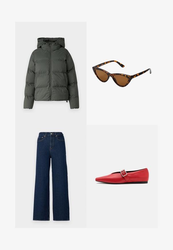 Chaqueta inflable en verde oscuro, con capucha, cierre frontal con cremallera y textura acolchada con baffles horizontales. Acabado mate suave.; Suéter gris cropped hecho de tela texturizada. Presenta un cuello alto y dos bolsillos frontales con un corte relajado. Mangas largas.; Jeans de pierna ancha hechos de denim oscuro, con una cintura alta, diseño clásico de cinco bolsillos y costuras en contraste a lo largo de las costuras.; Zapato plano de cuero rojo con punta afilada, que presenta una correa lateral con una hebilla de metal y un tacón bajo negro. Textura suave en toda su superficie.; Gafas de sol estilo ojo de gato con montura de carey negra y naranja, lentes marrones y puntas elegantes y afiladas. Presenta un logo minimalista en la patilla.