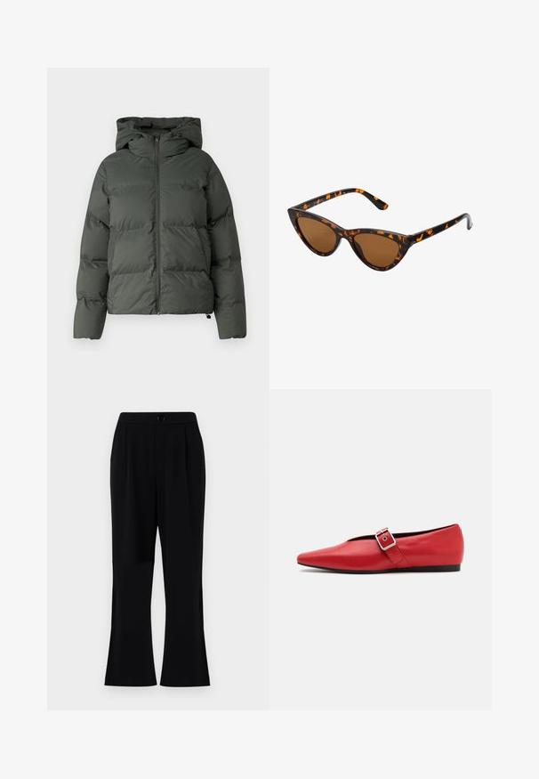 Pufferjack in donkergroen, met een capuchon, een ritssluiting aan de voorkant en een gequilt textuur met horizontale baffles. Gladde matte afwerking.; Grijze, korte trui gemaakt van textiel met een structuur. Heeft een hoge halslijn en twee voorzakken met een ontspannen pasvorm. Lange mouwen.; Zwarte broek met een gladde textuur, uitlopende pijpen en een tailleband met knoopsluiting. Machinewasbaar, ontworpen voor comfort en veelzijdigheid.; Rode leren platte schoen met een spitse neus, voorzien van een zijkant band met een metalen gesp en een lage zwarte hak. Gladde textuur overal.; Cat-eye zonnebril met een zwart en oranje schildpadframe, bruine lenzen en slanke, puntige uiteinden. Bevat een minimalistisch logo op de poot.